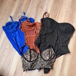 Mixed Lace & Satin Bodysuit & Crop top - Blue, Rust, Black, Champagne